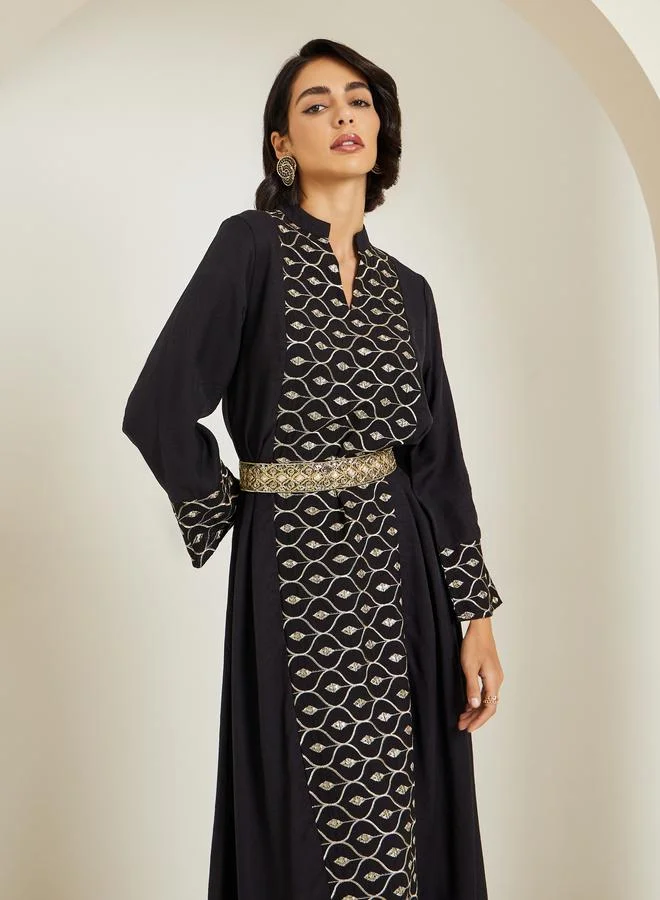 Amirah Women Black Embroidered Front Panel Belted Jalabiya